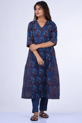 Dharan " Blue Kali Kurta" Blue Block Printed Kurta