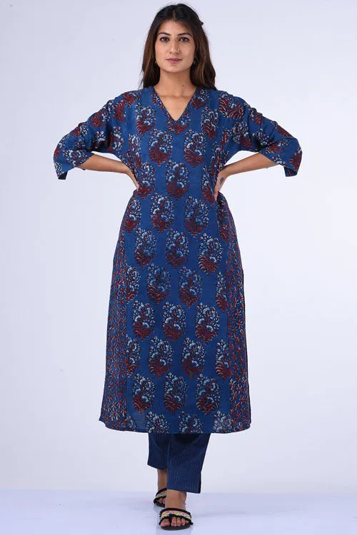 Dharan " Blue Kali Kurta" Blue Block Printed Kurta