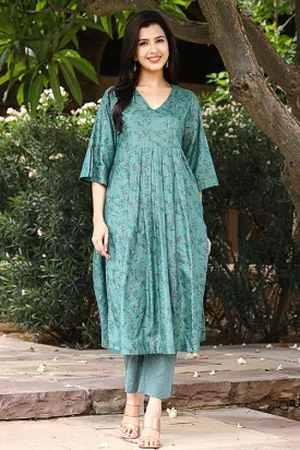Dharan "Twinkle Kurta" Green Block Printed Kurta