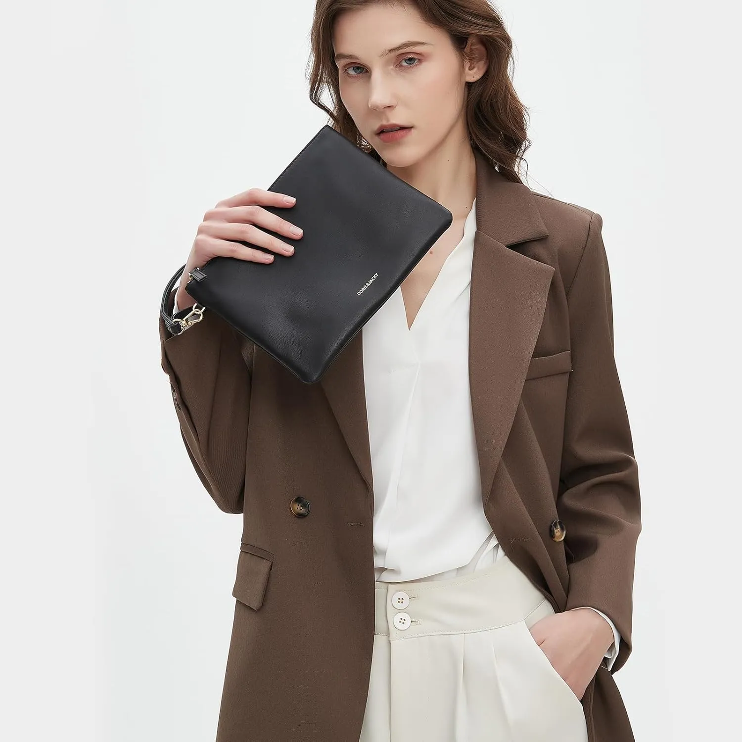 DORIS&JACKY Lambskin Leather Wristlet Clutch Purse For Women Large Soft Designer Wallet With Strap