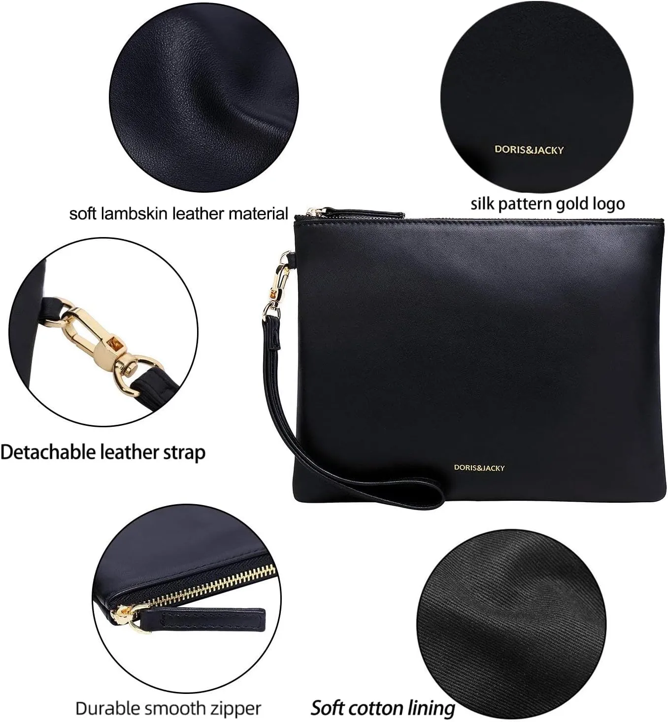DORIS&JACKY Lambskin Leather Wristlet Clutch Purse For Women Large Soft Designer Wallet With Strap