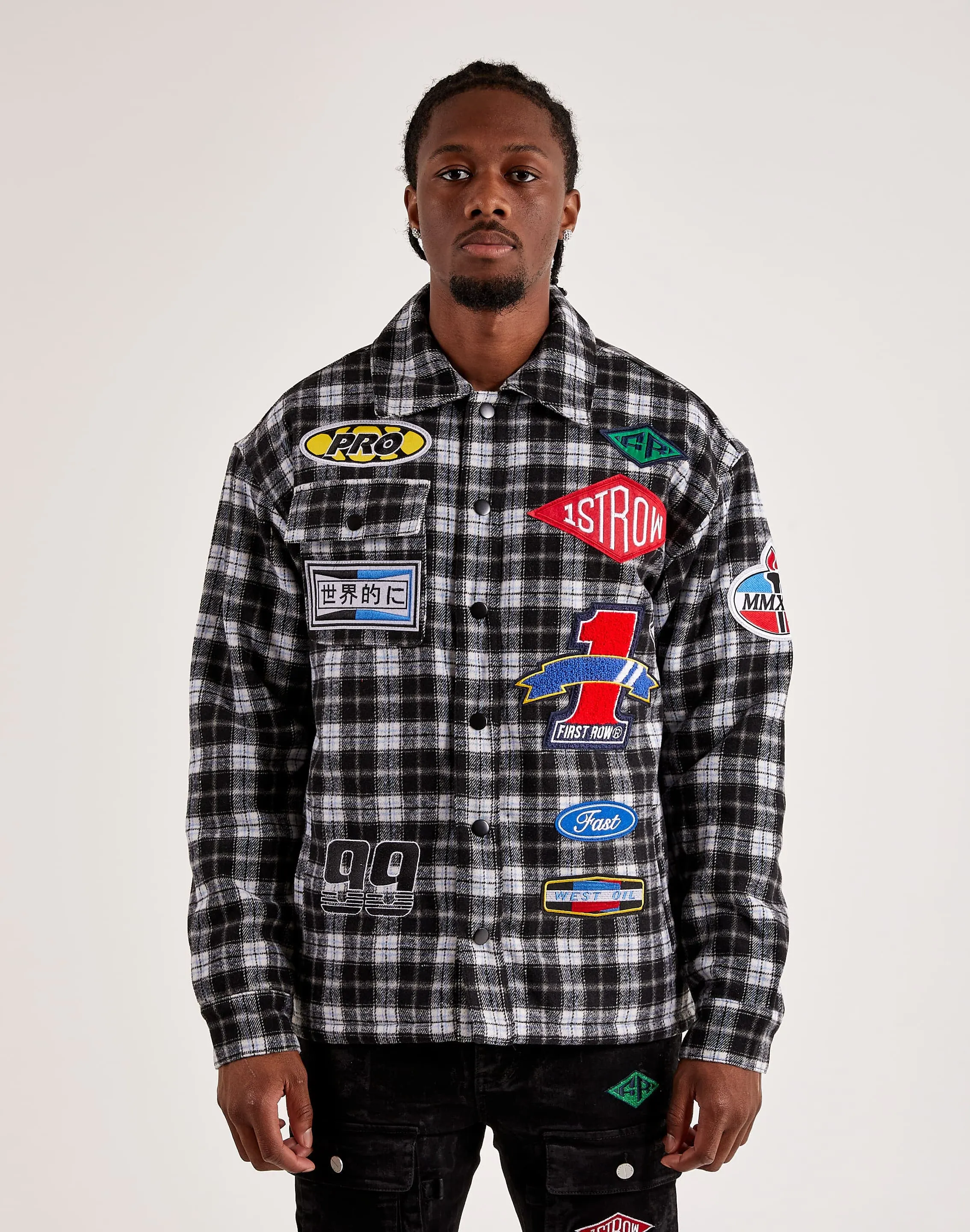 First Row Plaid Woven Moto Jacket