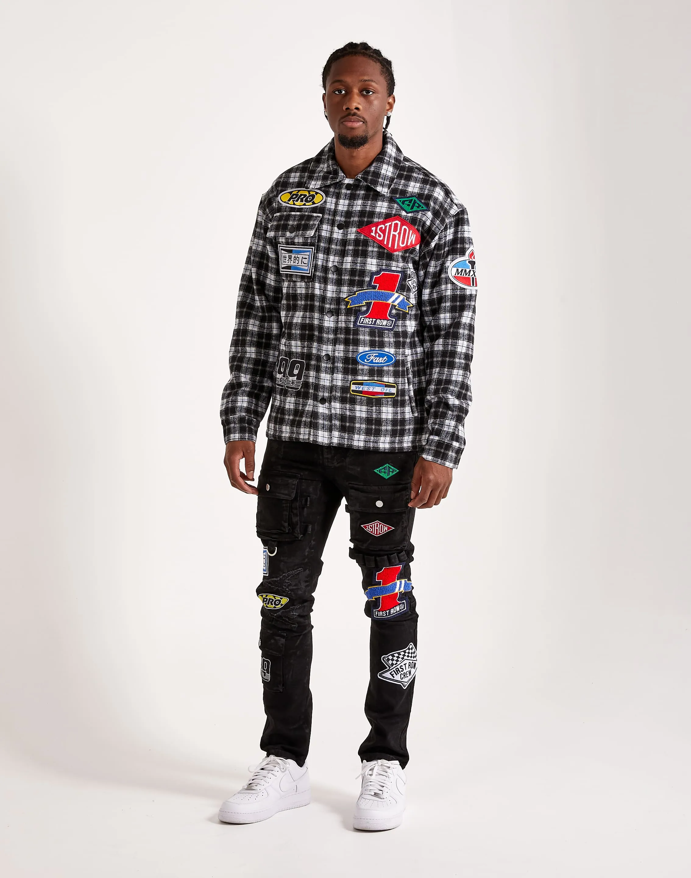First Row Plaid Woven Moto Jacket