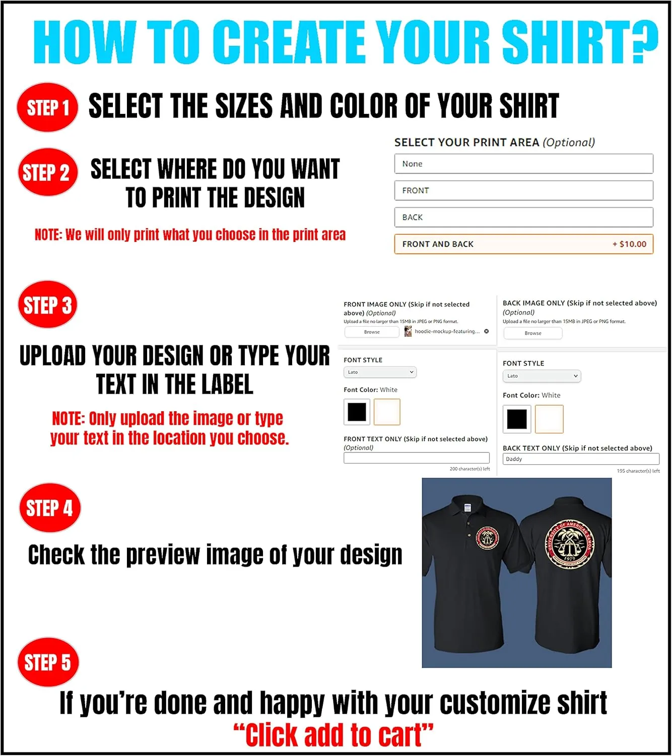 Front and Back Add Your Own Text Design Custom Personalized Adult Polo Shirt