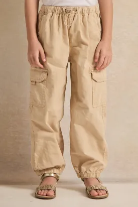 Girls Beige Solid Cargo Trousers