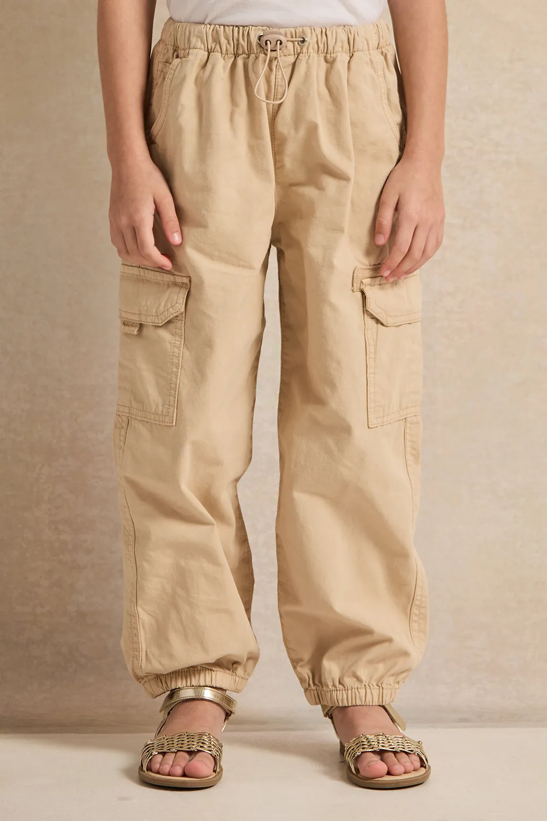 Girls Beige Solid Cargo Trousers