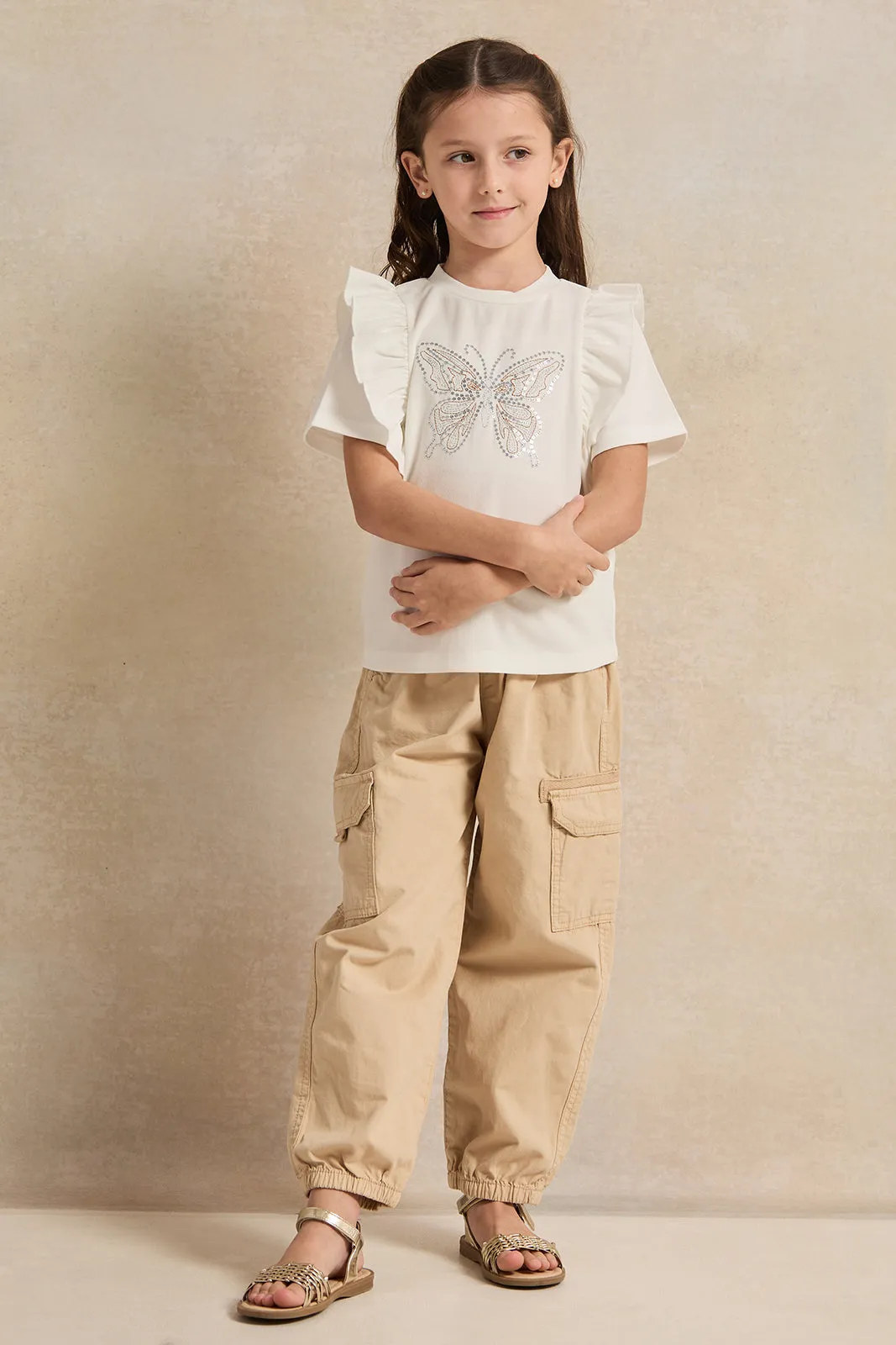 Girls Beige Solid Cargo Trousers