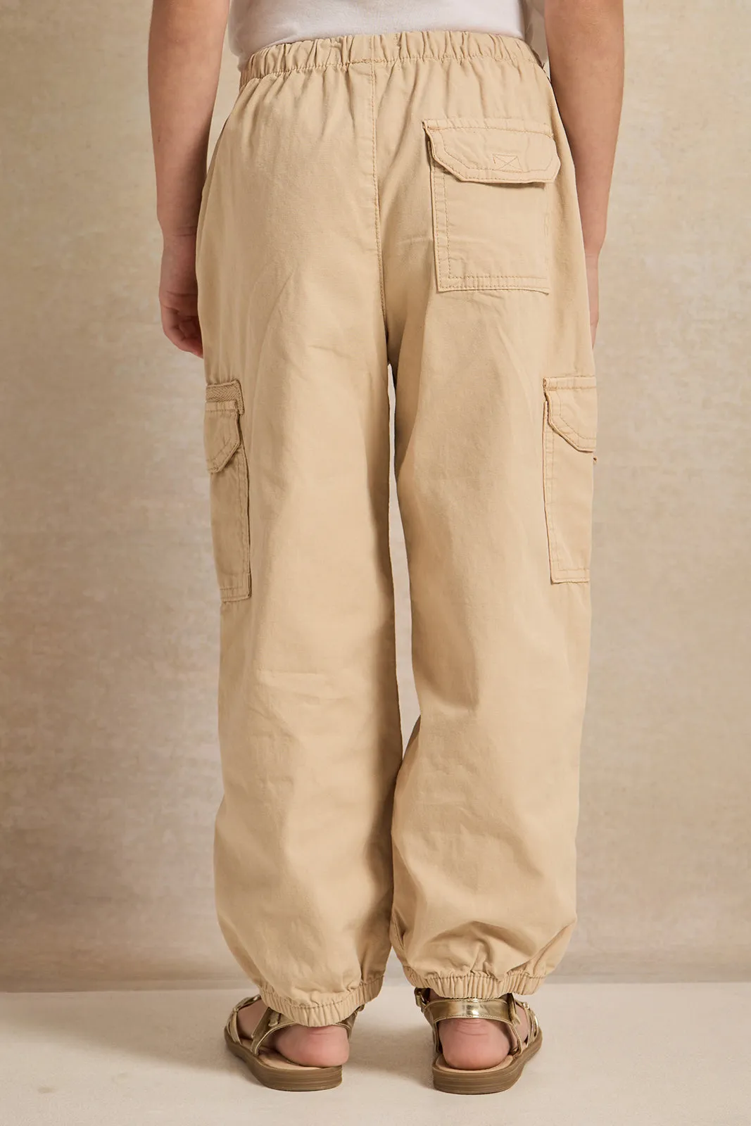 Girls Beige Solid Cargo Trousers