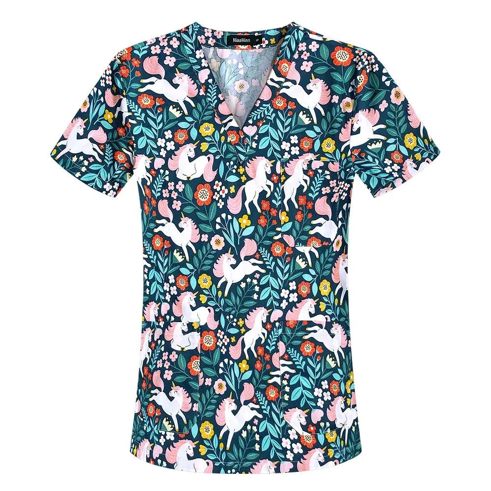 HC - Women’s Scrub Top: 2024 classic fit, 100% cotton, floral print, V-neck for nurses