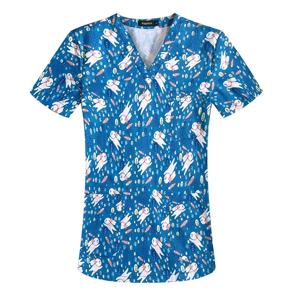 HC - Women’s Scrub Top: 2024 classic fit, 100% cotton, floral print, V-neck for nurses