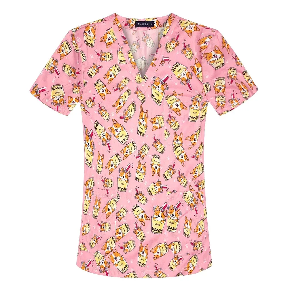 HC - Women’s Scrub Top: 2024 classic fit, 100% cotton, floral print, V-neck for nurses