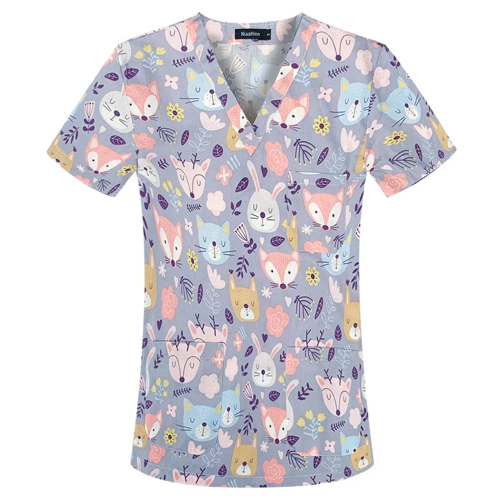 HC - Women’s Scrub Top: 2024 classic fit, 100% cotton, floral print, V-neck for nurses