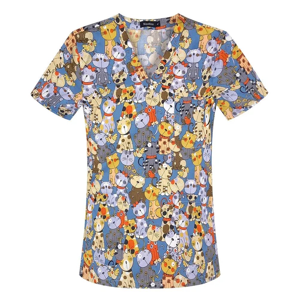 HC - Women’s Scrub Top: 2024 classic fit, 100% cotton, floral print, V-neck for nurses
