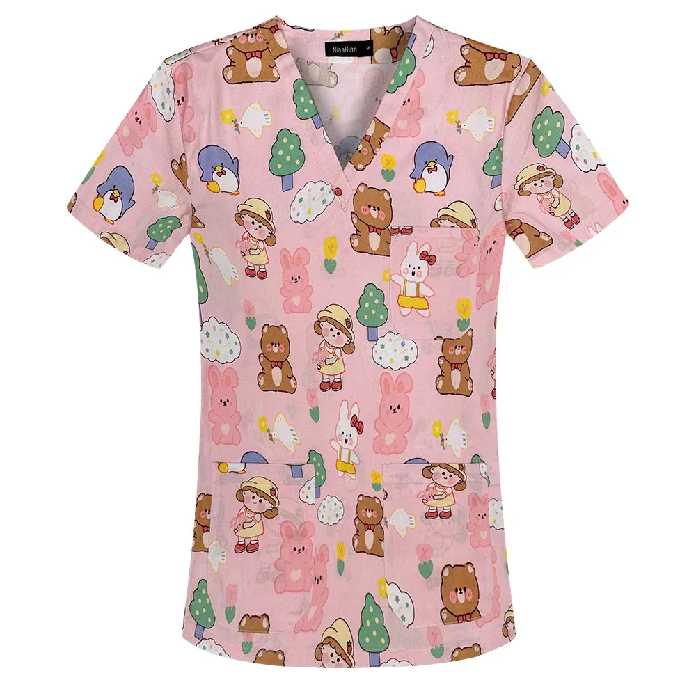 HC - Women’s Scrub Top: 2024 classic fit, 100% cotton, floral print, V-neck for nurses