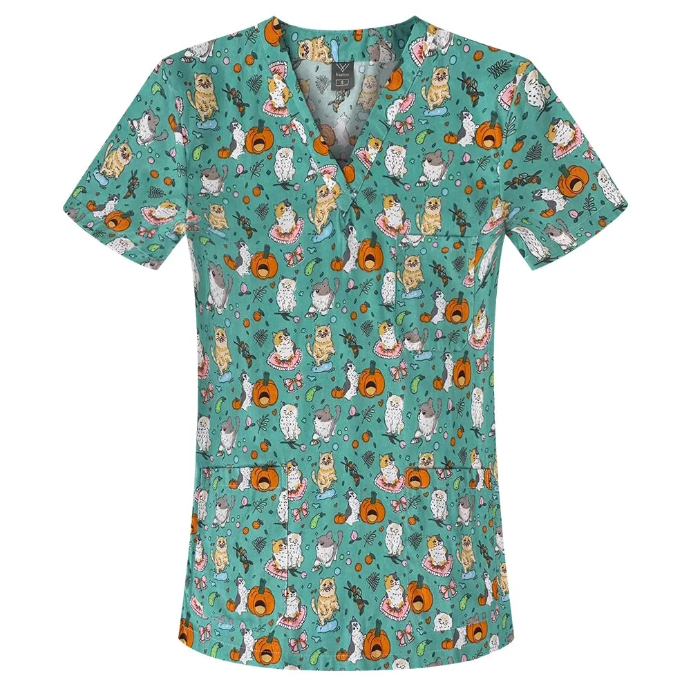 HC - Women’s Scrub Top: 2024 classic fit, 100% cotton, floral print, V-neck for nurses