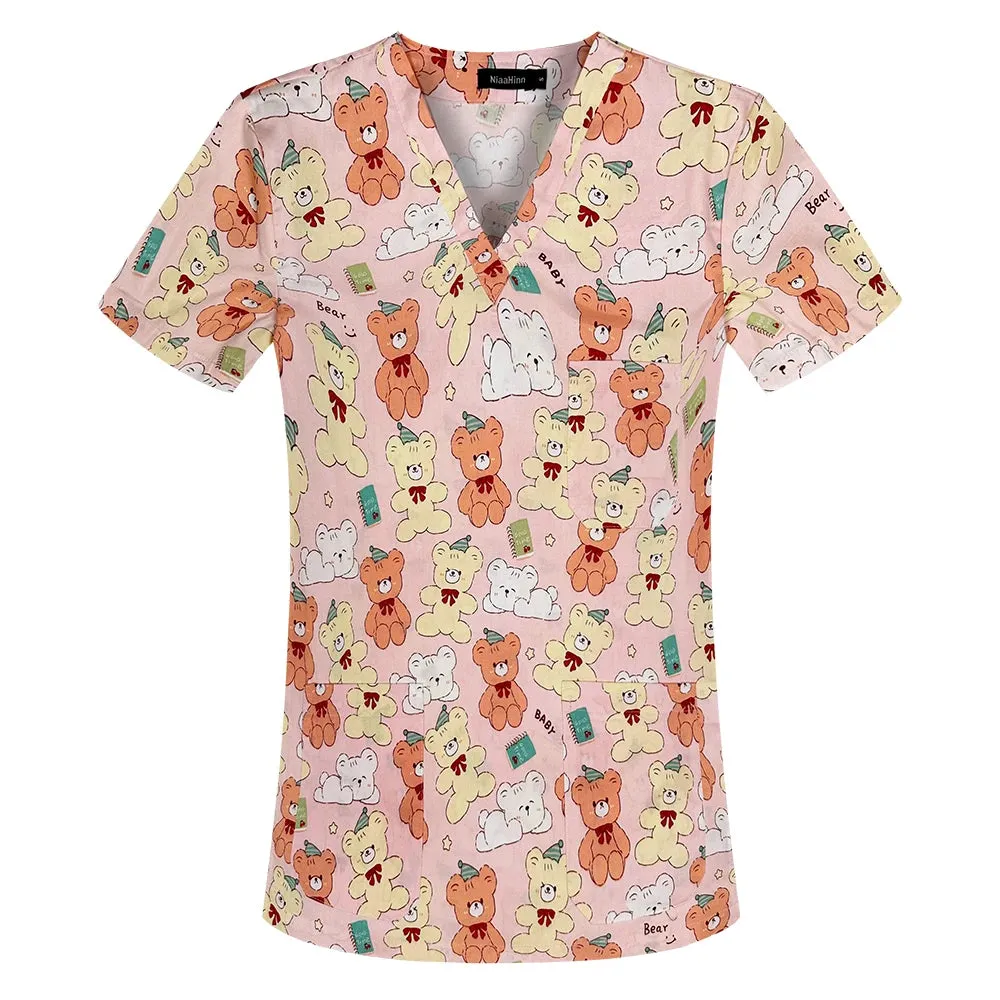 HC - Women’s Scrub Top: 2024 classic fit, 100% cotton, floral print, V-neck for nurses