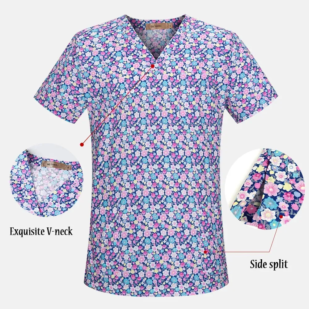 HC - Women’s Scrub Top: 2024 classic fit, 100% cotton, floral print, V-neck for nurses