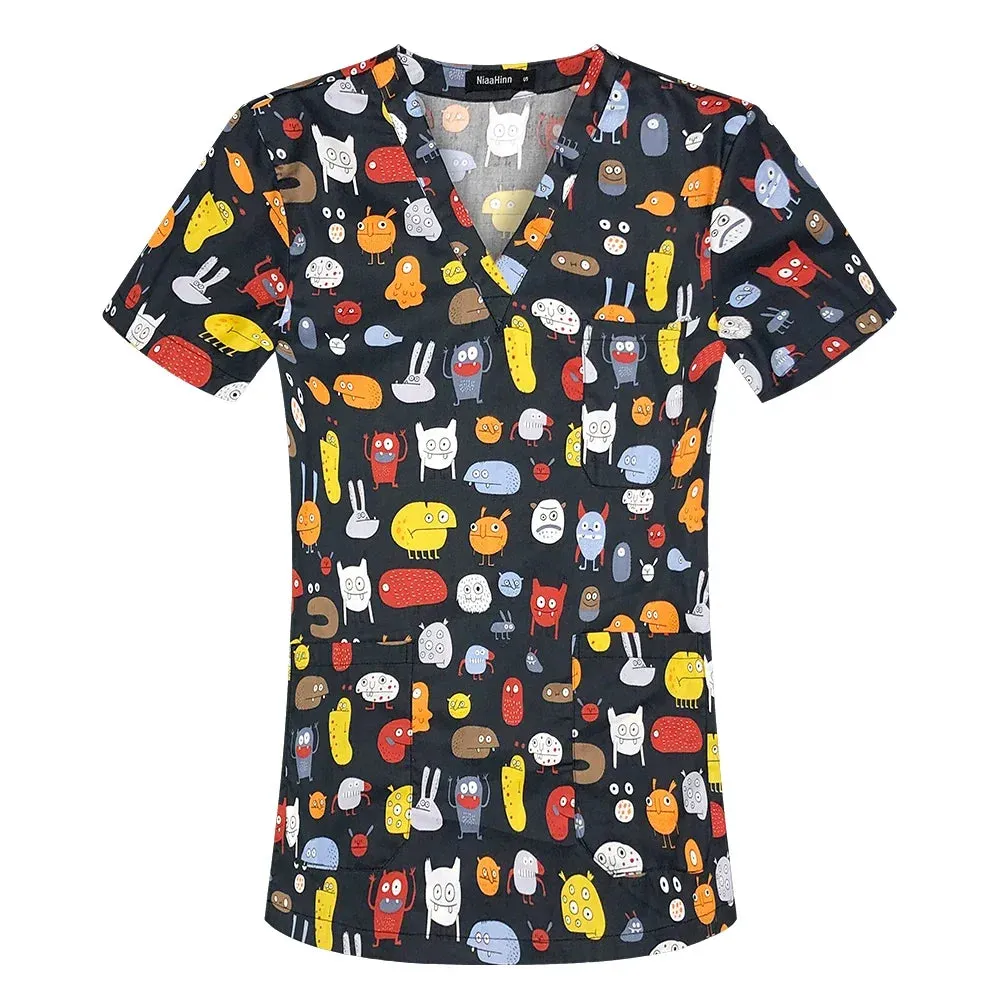 HC - Women’s Scrub Top: 2024 classic fit, 100% cotton, floral print, V-neck for nurses