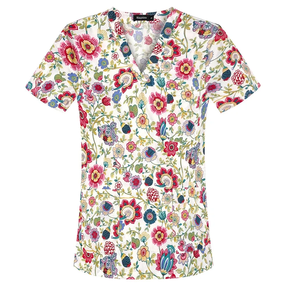HC - Women’s Scrub Top: 2024 classic fit, 100% cotton, floral print, V-neck for nurses