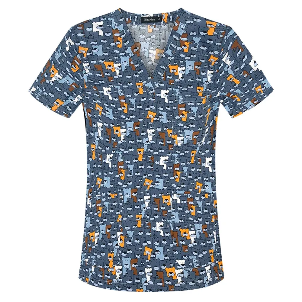 HC - Women’s Scrub Top: 2024 classic fit, 100% cotton, floral print, V-neck for nurses