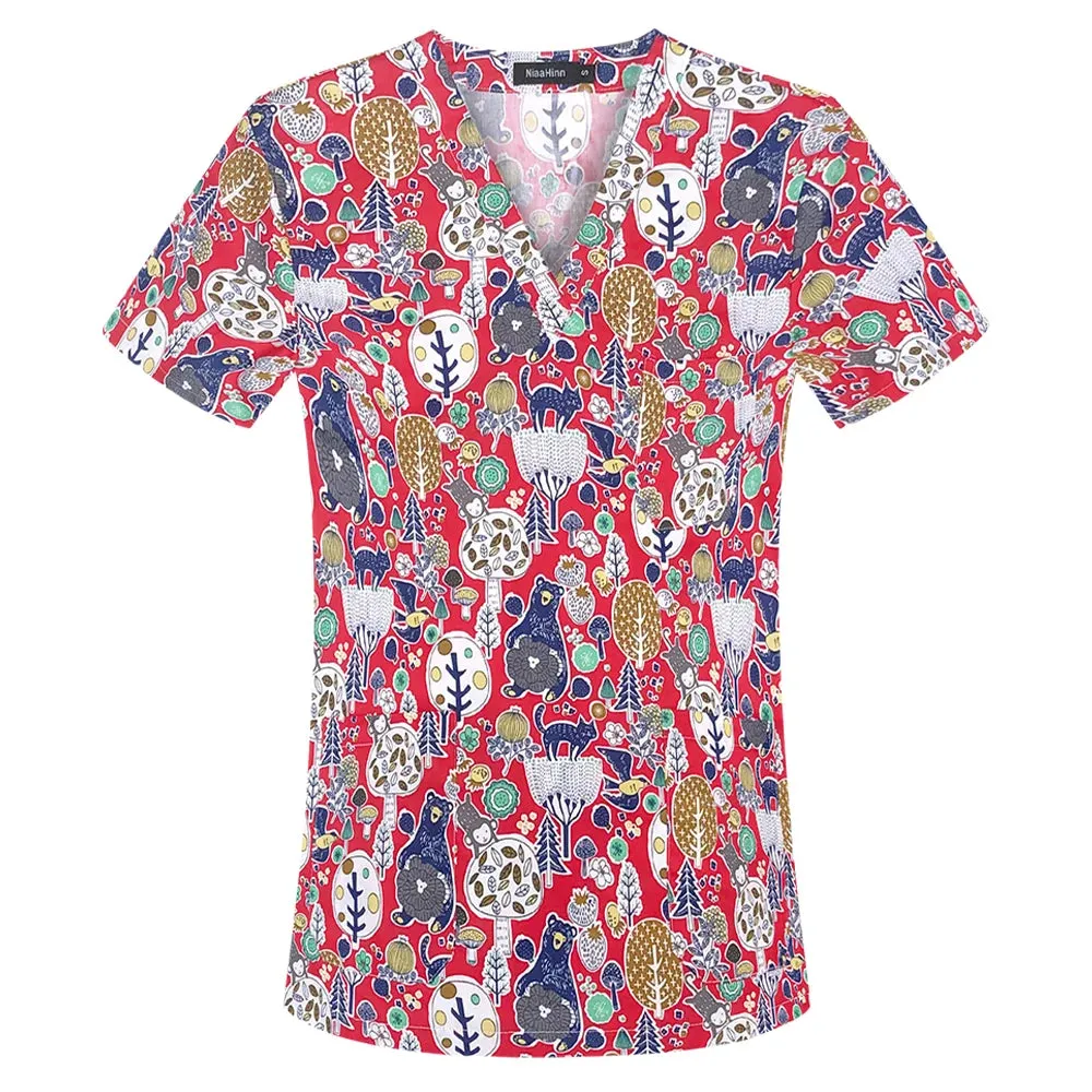 HC - Women’s Scrub Top: 2024 classic fit, 100% cotton, floral print, V-neck for nurses