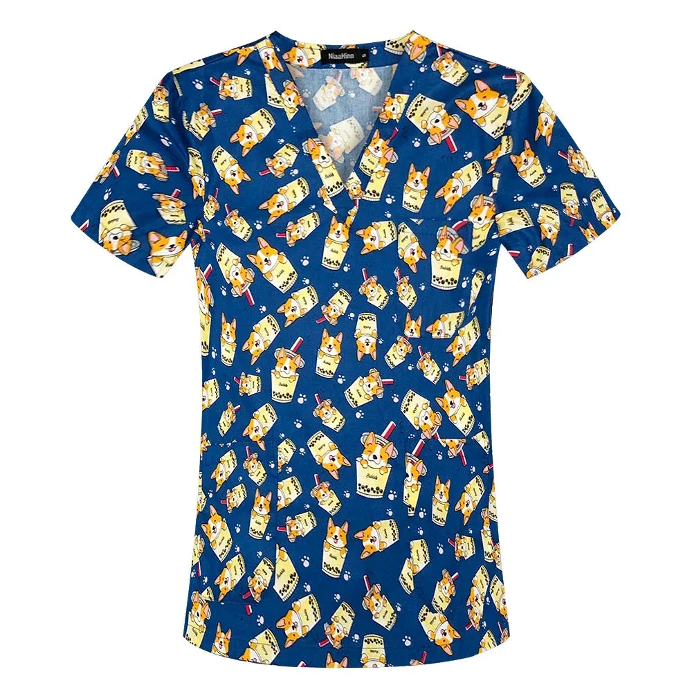 HC - Women’s Scrub Top: 2024 classic fit, 100% cotton, floral print, V-neck for nurses
