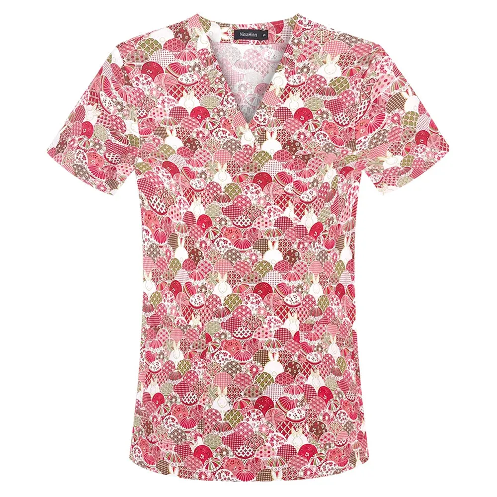 HC - Women’s Scrub Top: 2024 classic fit, 100% cotton, floral print, V-neck for nurses