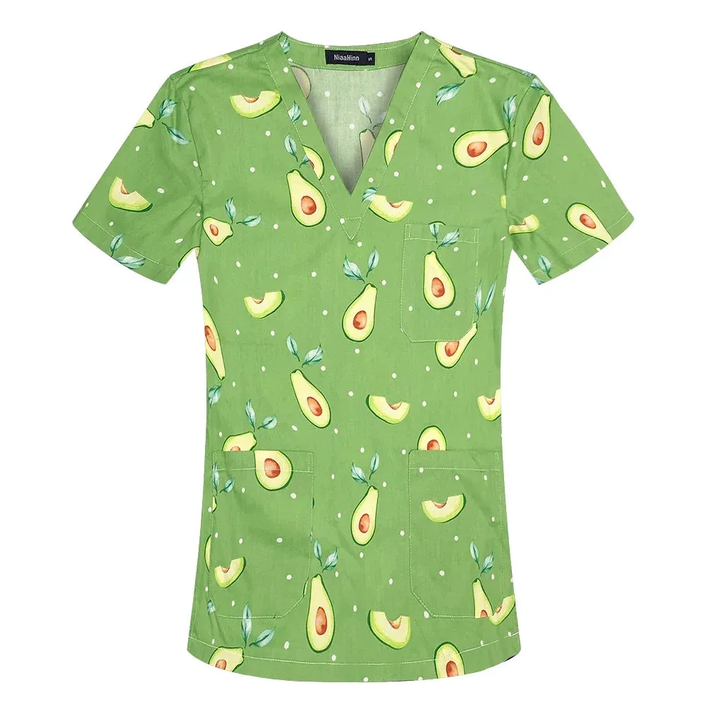 HC - Women’s Scrub Top: 2024 classic fit, 100% cotton, floral print, V-neck for nurses