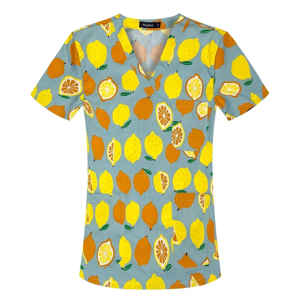 HC - Women’s Scrub Top: 2024 classic fit, 100% cotton, floral print, V-neck for nurses