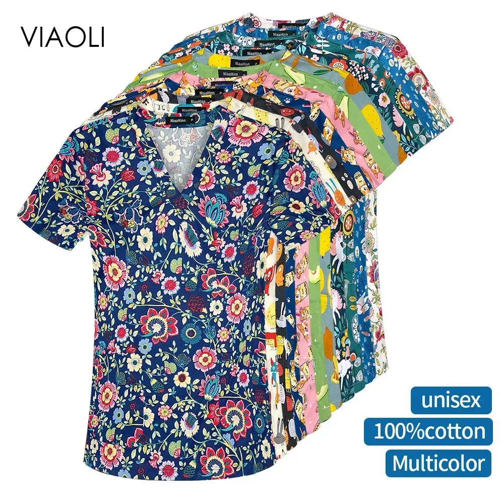 HC - Women’s Scrub Top: 2024 classic fit, 100% cotton, floral print, V-neck for nurses