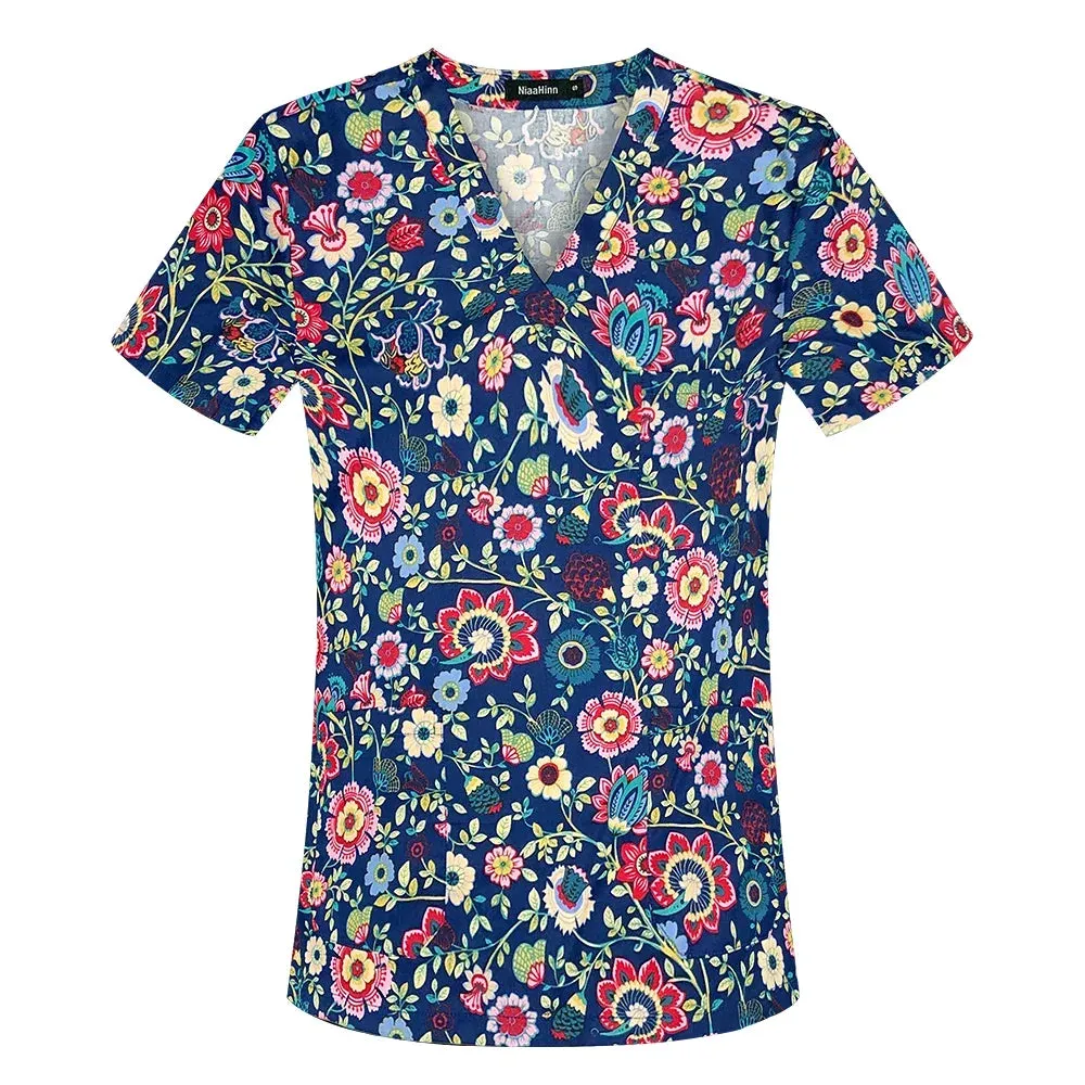 HC - Women’s Scrub Top: 2024 classic fit, 100% cotton, floral print, V-neck for nurses