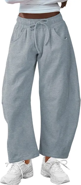 Hongsui Women's Barrel Leg Pants Elasticated Waistband Soft Wide Leg Pants with Pockets Casual Sweatpants