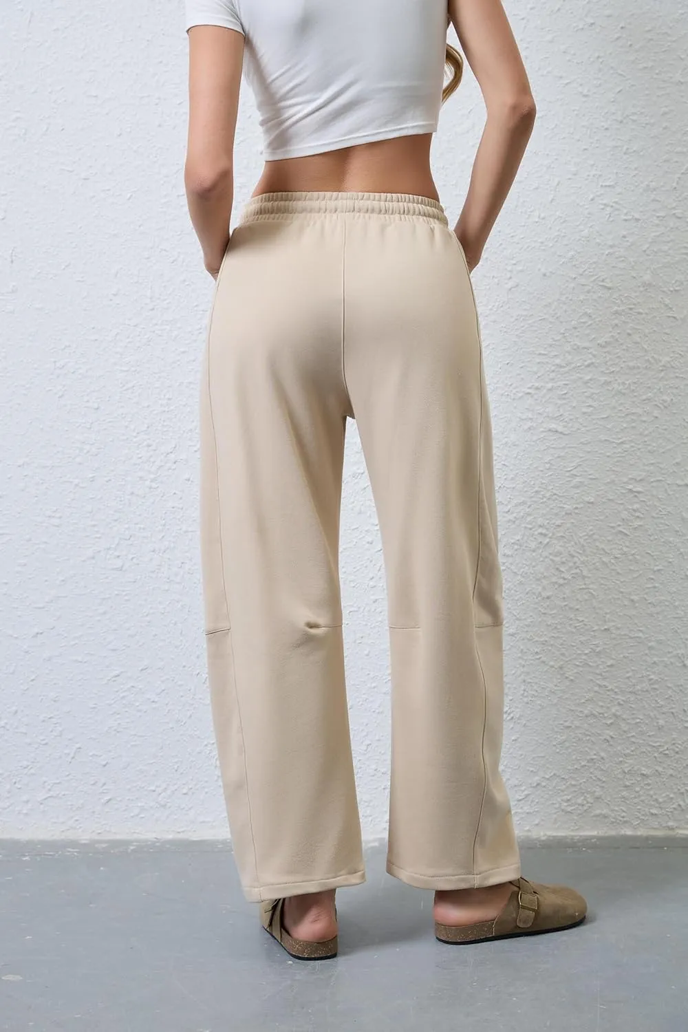 Hongsui Women's Barrel Leg Pants Elasticated Waistband Soft Wide Leg Pants with Pockets Casual Sweatpants