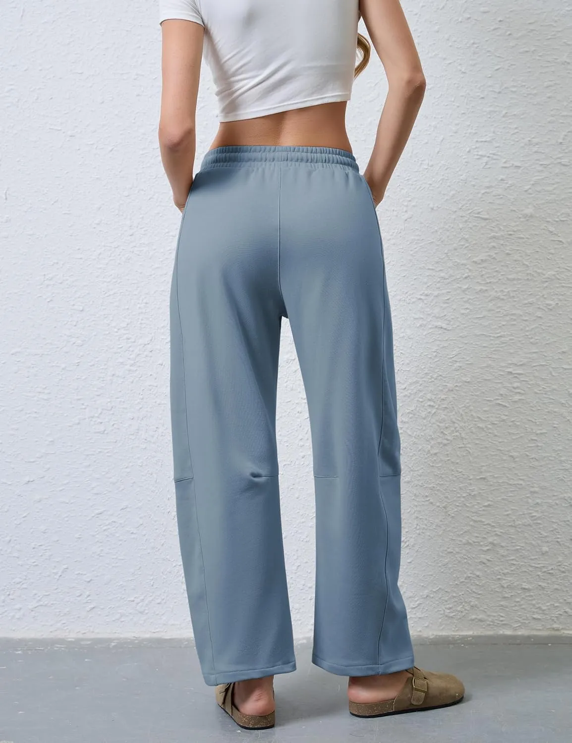 Hongsui Women's Barrel Leg Pants Elasticated Waistband Soft Wide Leg Pants with Pockets Casual Sweatpants