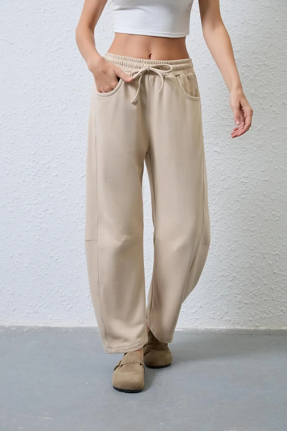 Hongsui Women's Barrel Leg Pants Elasticated Waistband Soft Wide Leg Pants with Pockets Casual Sweatpants