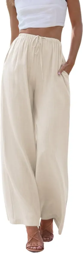 Hooever Women's Wide Leg Cotton Linen Pants High Waist Adjustable Tie Knot Lounge Trousers