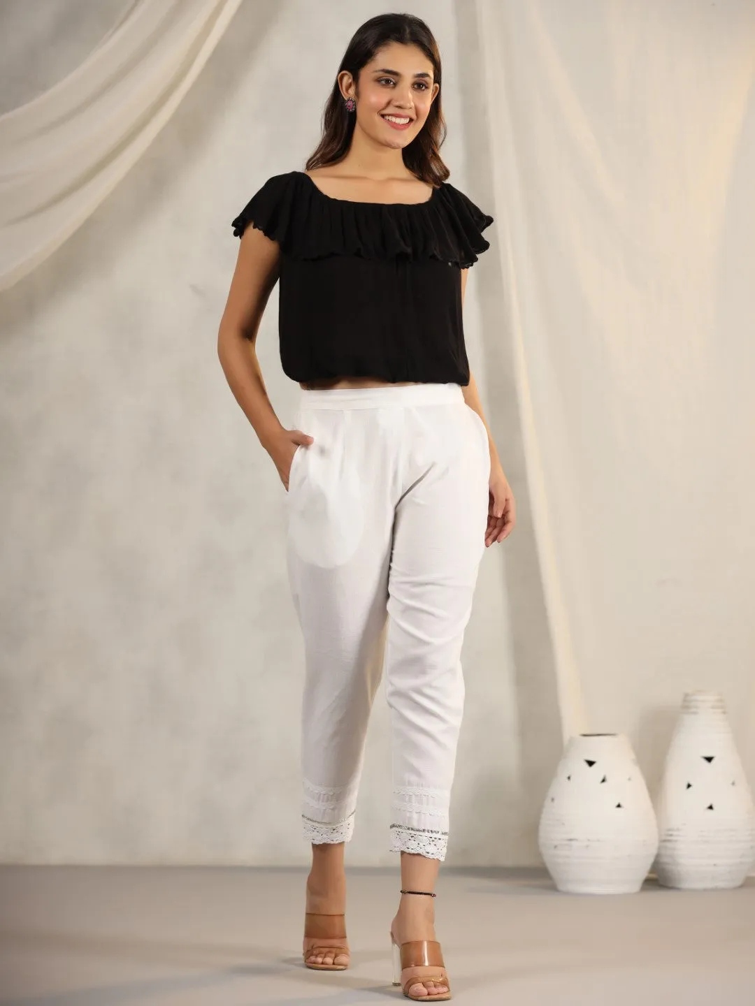 Jashvi Off White Soild Cotton Flex Pants With Lace Work