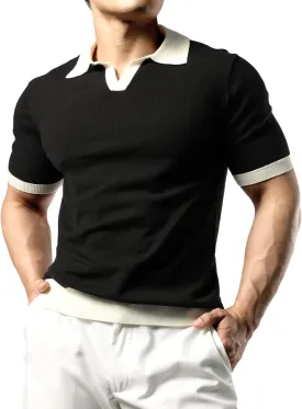 JOGAL Mens Knit Polo Shirts Vintage Short Sleeve Sweater Polo Muscle Slim Fit Golf Shirts