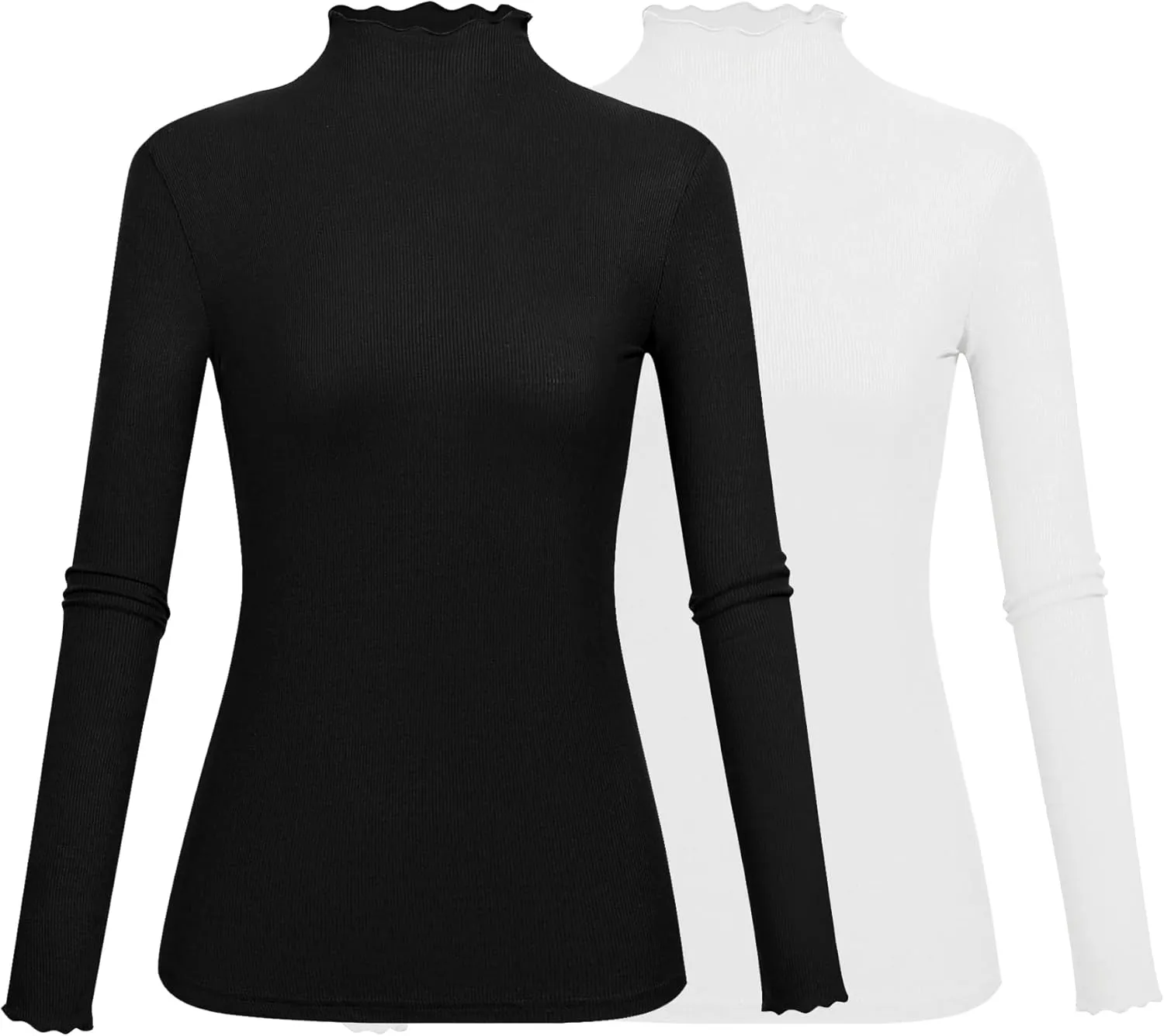 Kindcall Lightweight Ruffle Mock Neck Tops Ribbed Lettuce Trim Soft Base Layer for Women