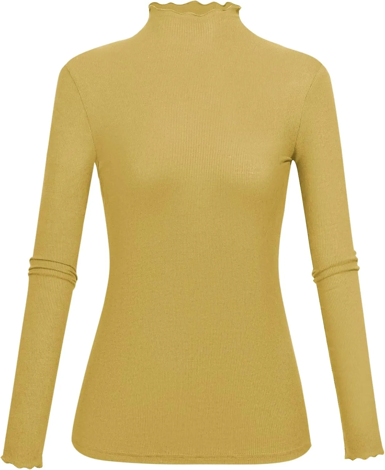 Kindcall Lightweight Ruffle Mock Neck Tops Ribbed Lettuce Trim Soft Base Layer for Women