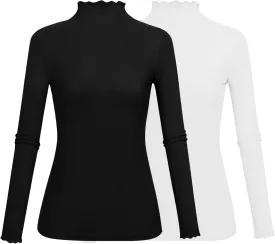 Kindcall Lightweight Ruffle Mock Neck Tops Ribbed Lettuce Trim Soft Base Layer for Women