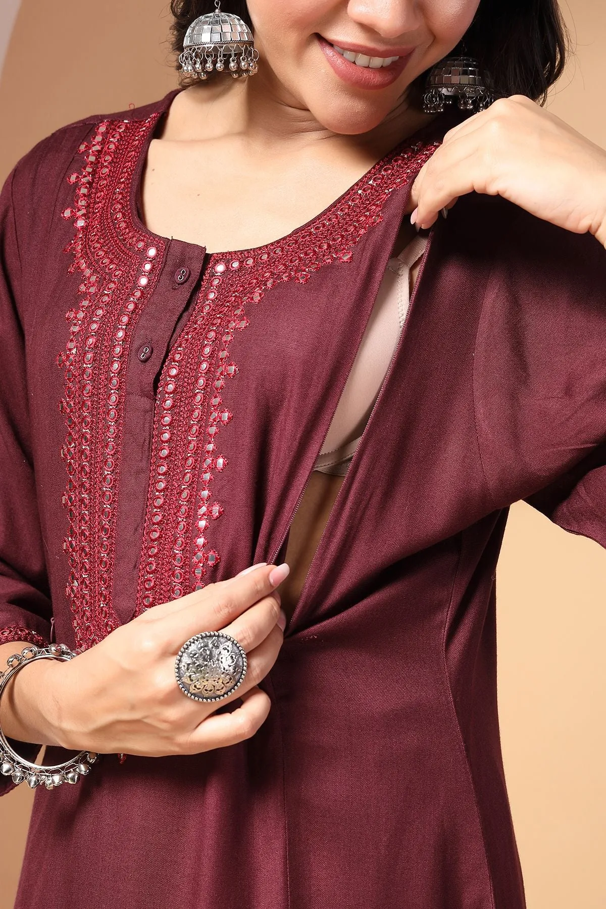 Majestic Maroon Maternity Feeding Kurta Set