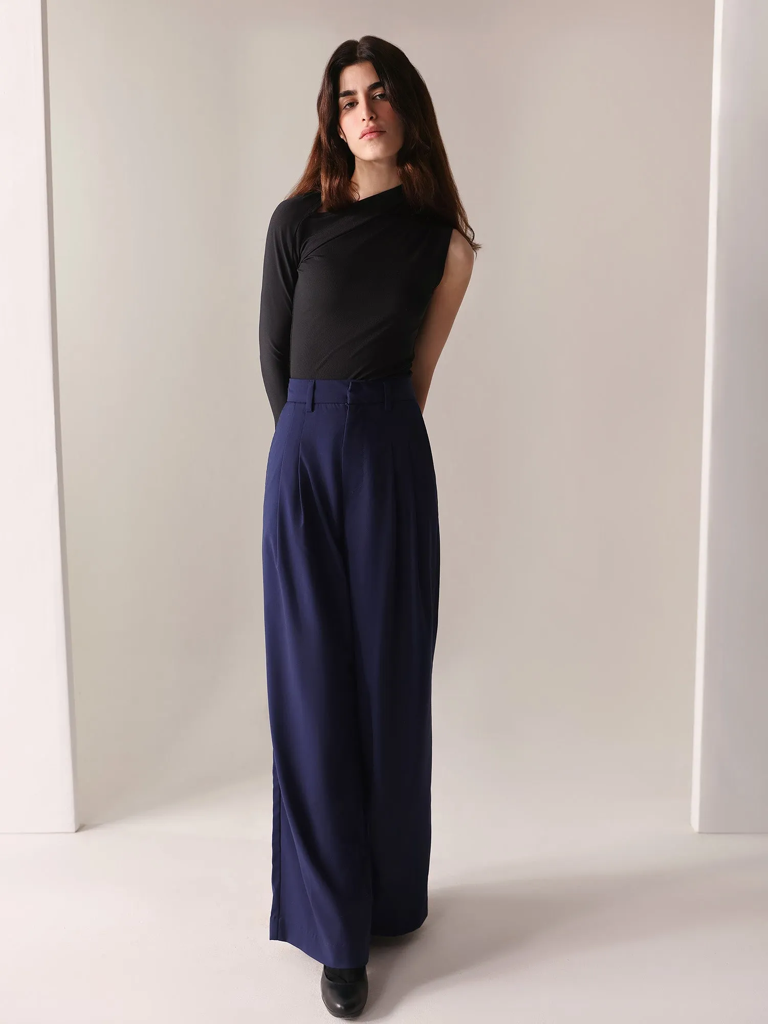 Navy Wide Leg With Double Pleats