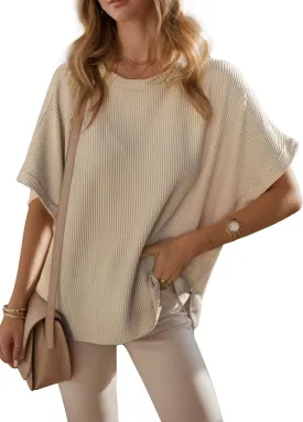 Oversized Blouses for Women Trendy Short Sleeve Boat Neck Casual Solid Color Loose Texture Knit Tunic Tops Blouses