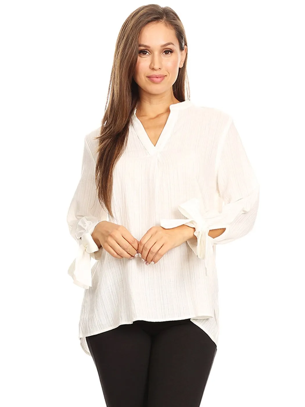 Pleated Split-Tie Sleeve Blouse