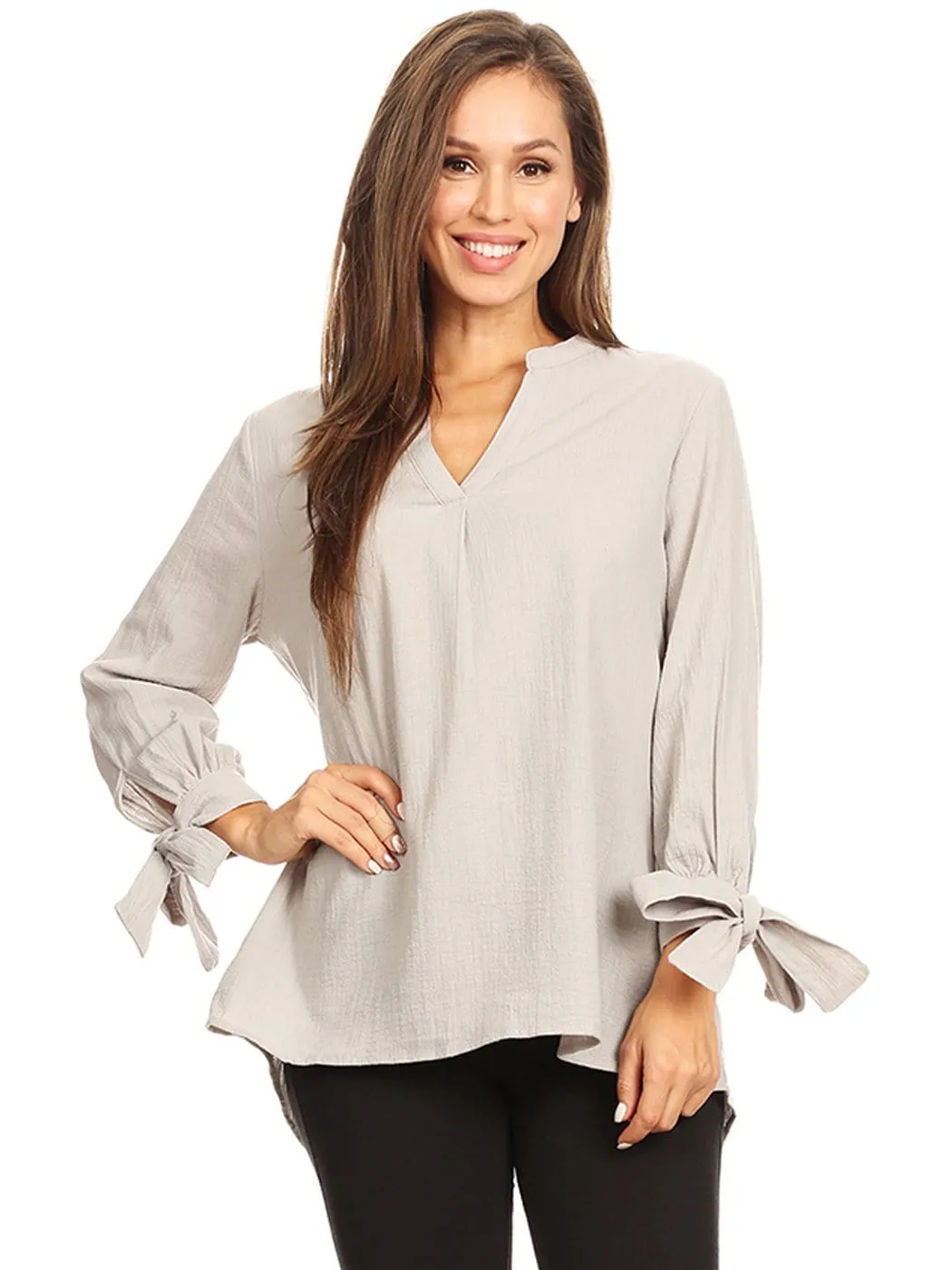 Pleated Split-Tie Sleeve Blouse