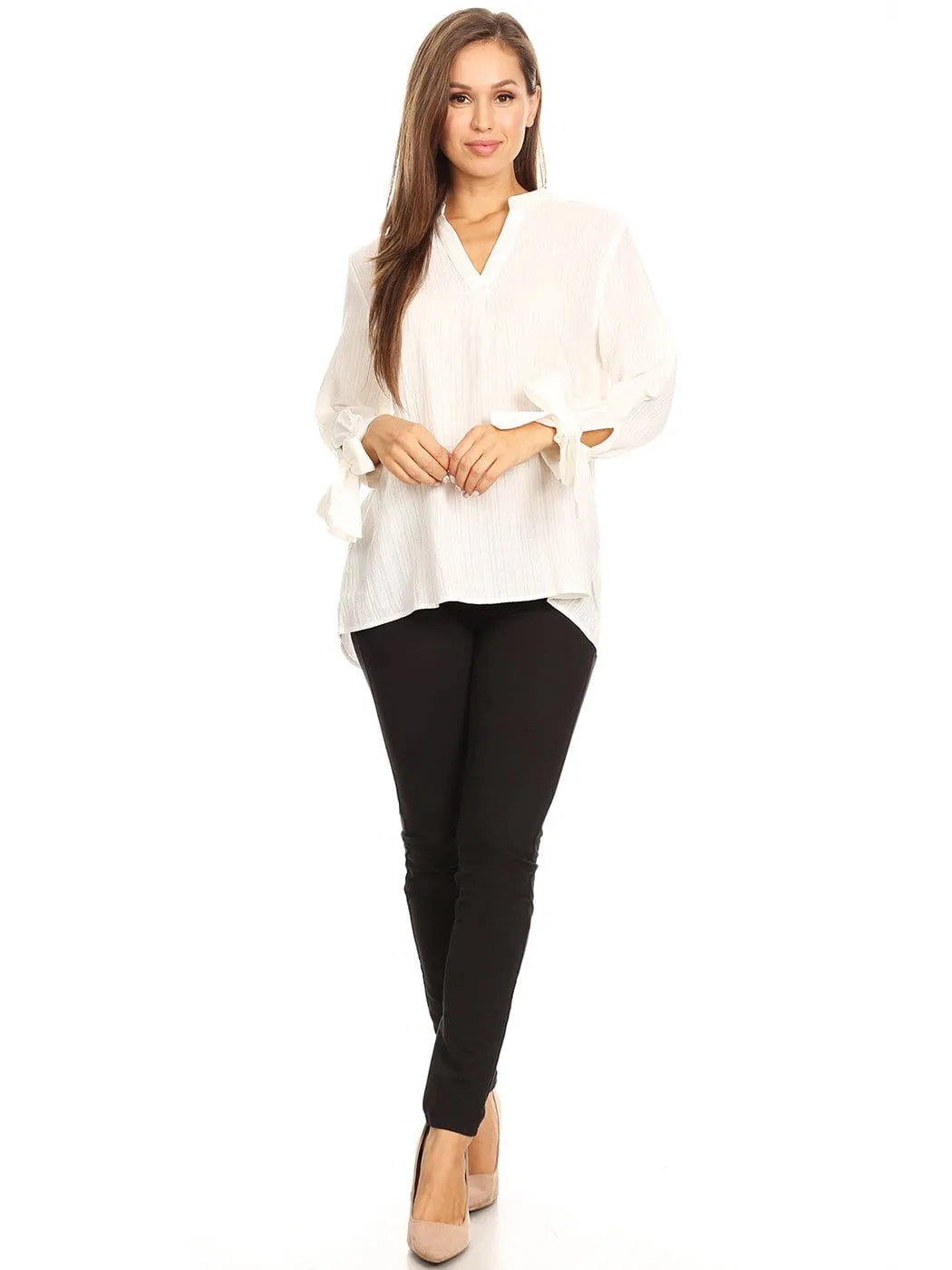 Pleated Split-Tie Sleeve Blouse
