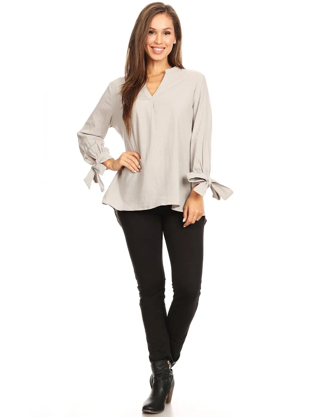 Pleated Split-Tie Sleeve Blouse