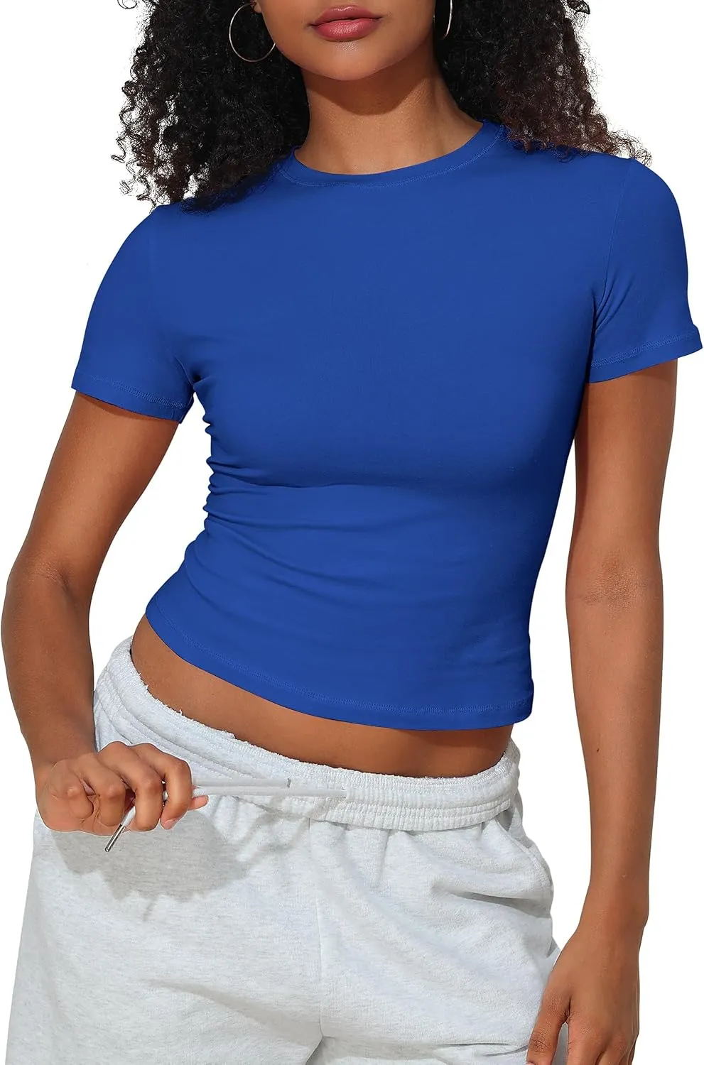 PrettyGuide Women's Crew Neck Short Sleeve Summer Basic Tee Tight Fit Cotton Jersey T Shirt Y2K Going Out Tops