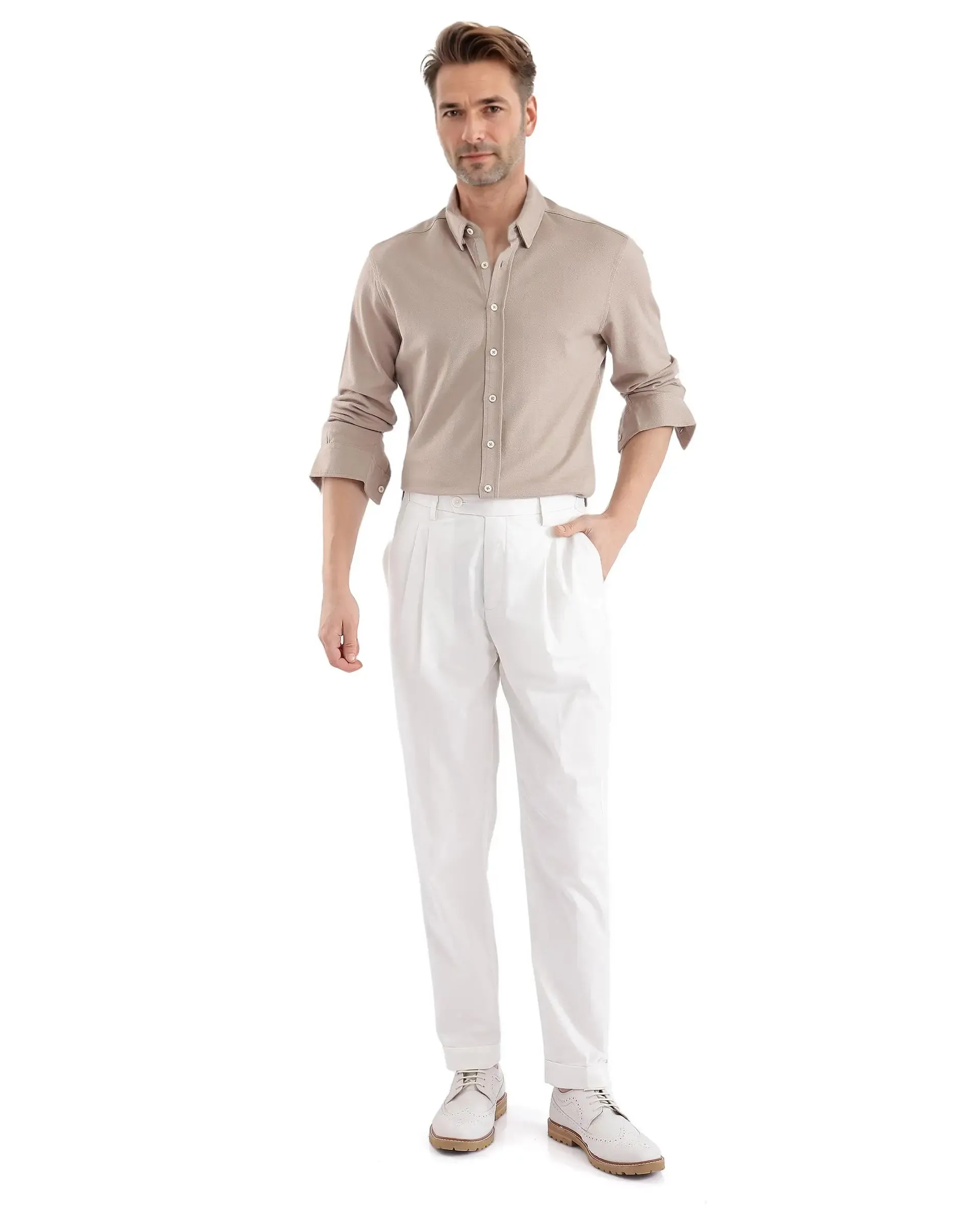 Rare Rabbit Men Lewit Off White Cotton Fabric Adjustable Waistband Pleated Regular Fit Solid Trouser